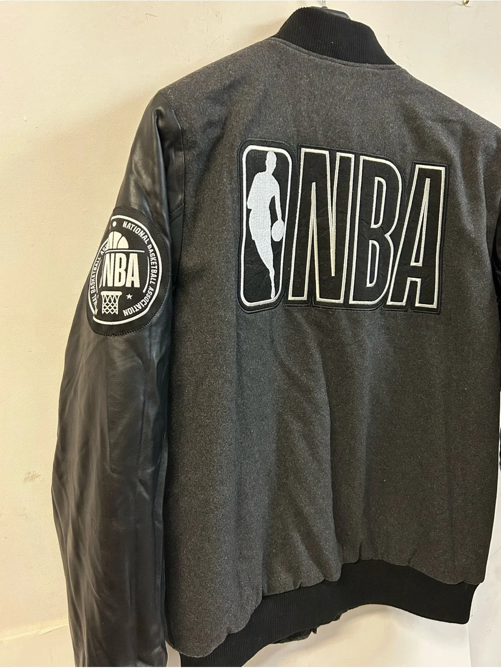 NBA Charcoal Gray Wool Body with Black Leather Sleeve Varsity Jacket